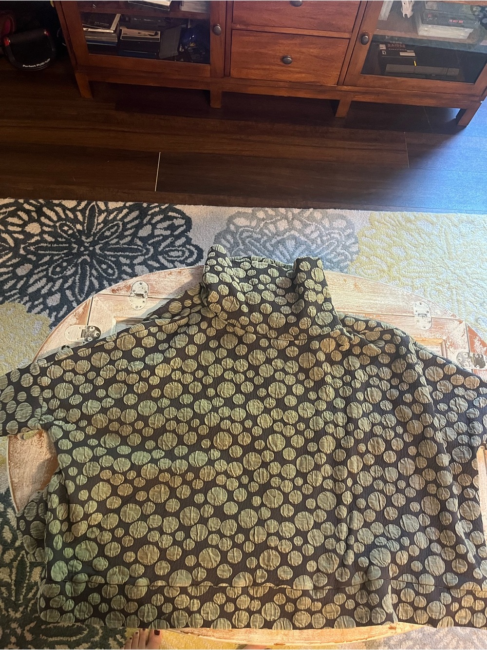 Womens Turtleneck Blouse in Olive and Brown Dot Pattern